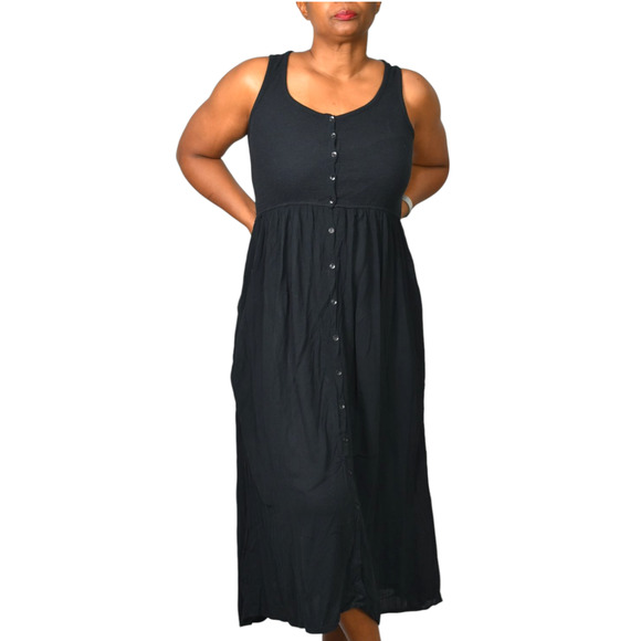 Frye Easy Button Front Dress Black Midi Minimalist Tank Jersey Pockets Rayon XS - Picture 15 of 16